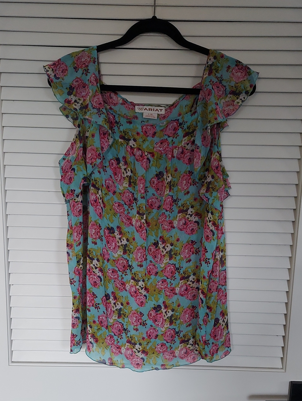 Ariat Blue Floral Ruffle Sleeve Camisole with Pink Roses